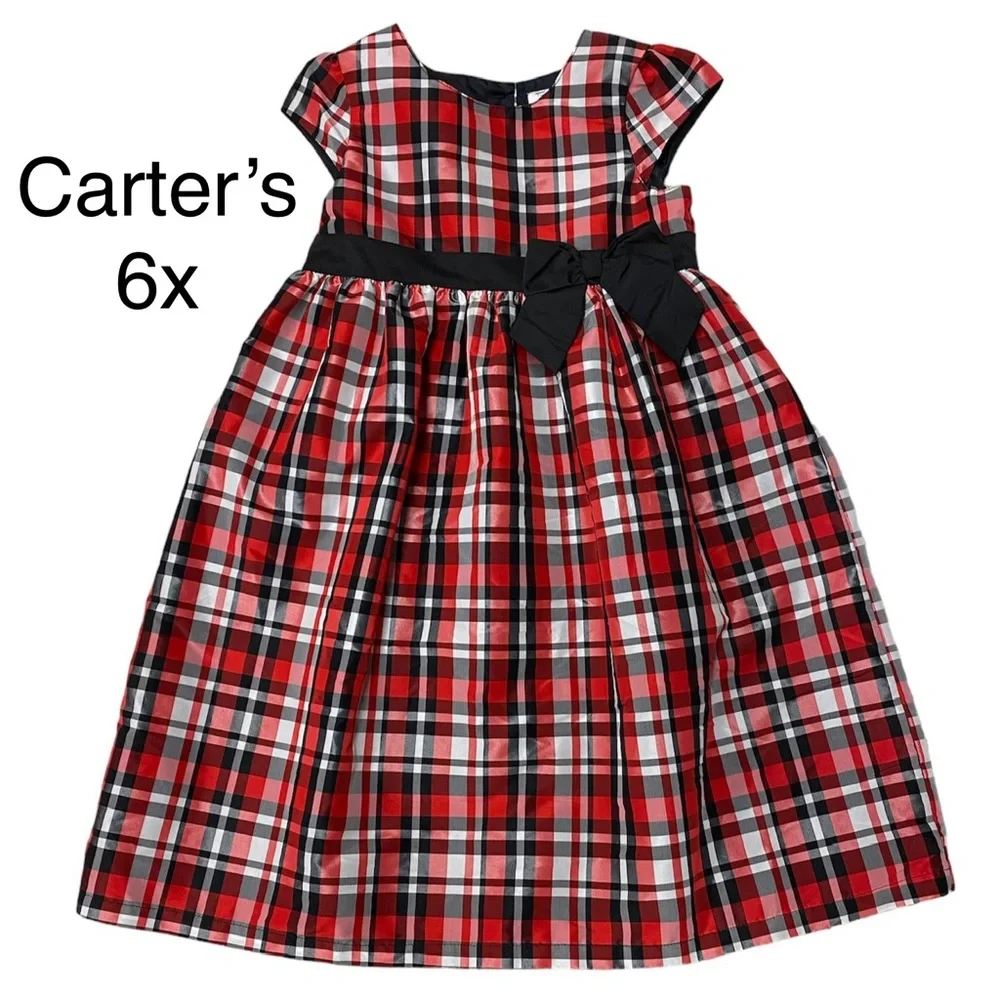Carter's Girls Plaid‎ Cap Sleeve Bow Dress Red Black White Size 6x
